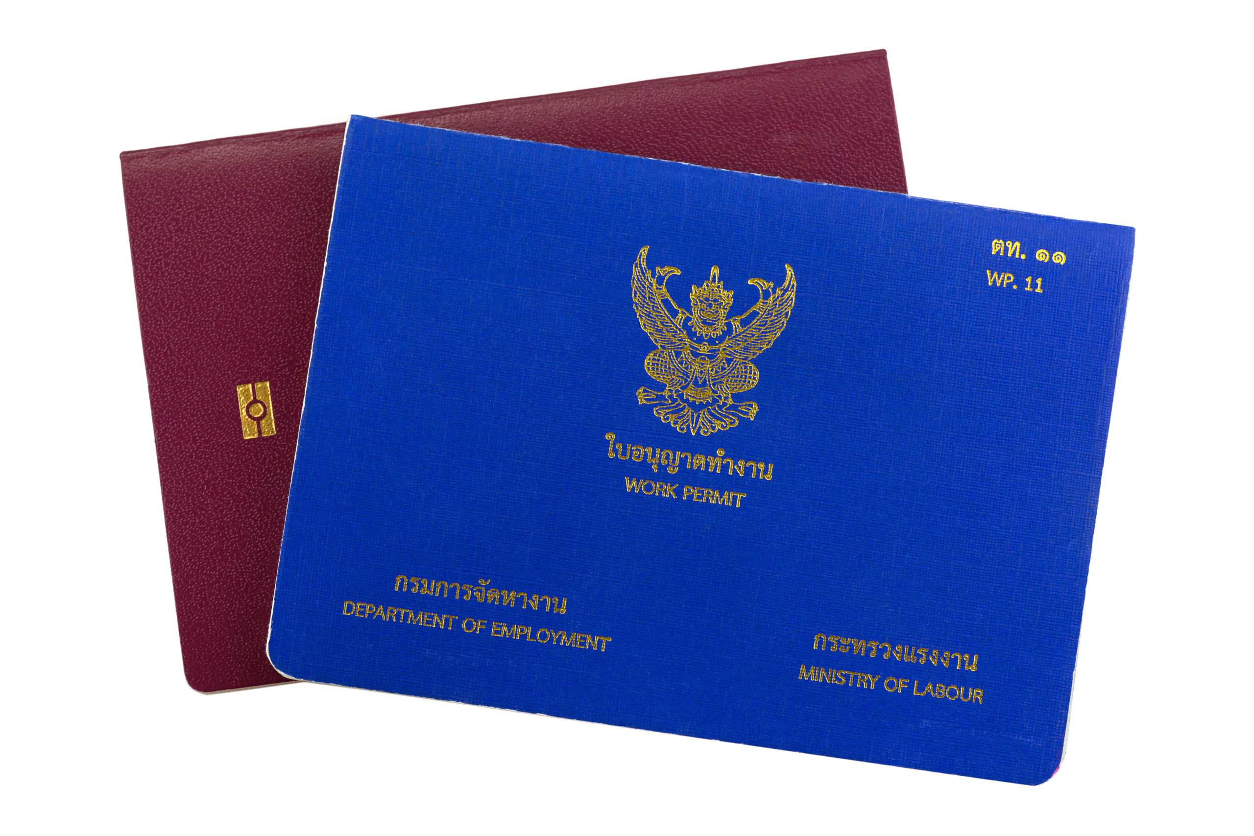 Blue Thai Work Permit book (WP.11) on electronic passport isolated on white background